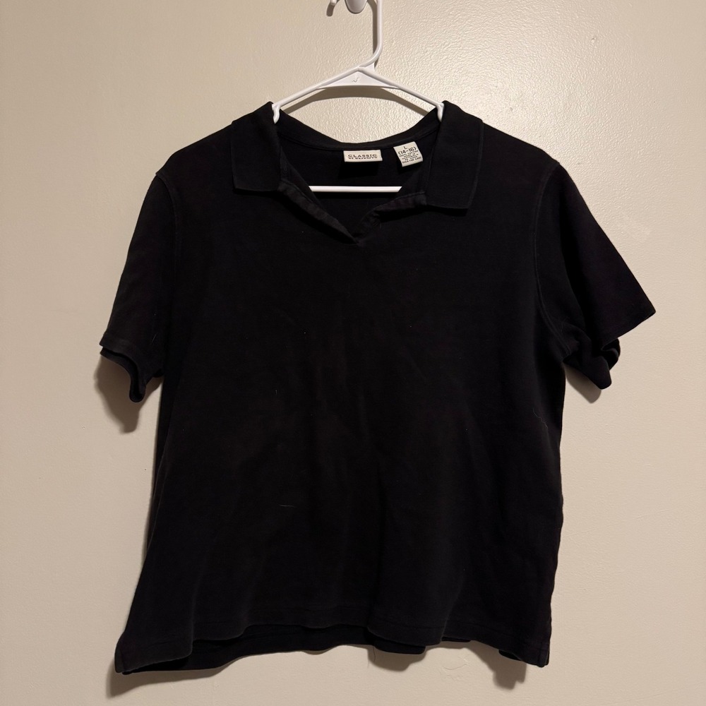 Vintage Women's Polo Shirt Black Short Sleeve Collared Top Casual